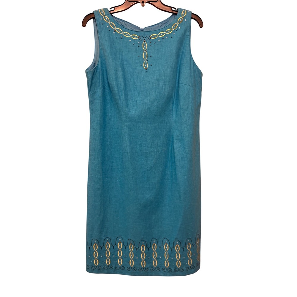 Sag Harbor Linen Rayon Dress Size 8 Blue‎ Sleeveless Embroidered Beaded Sheath